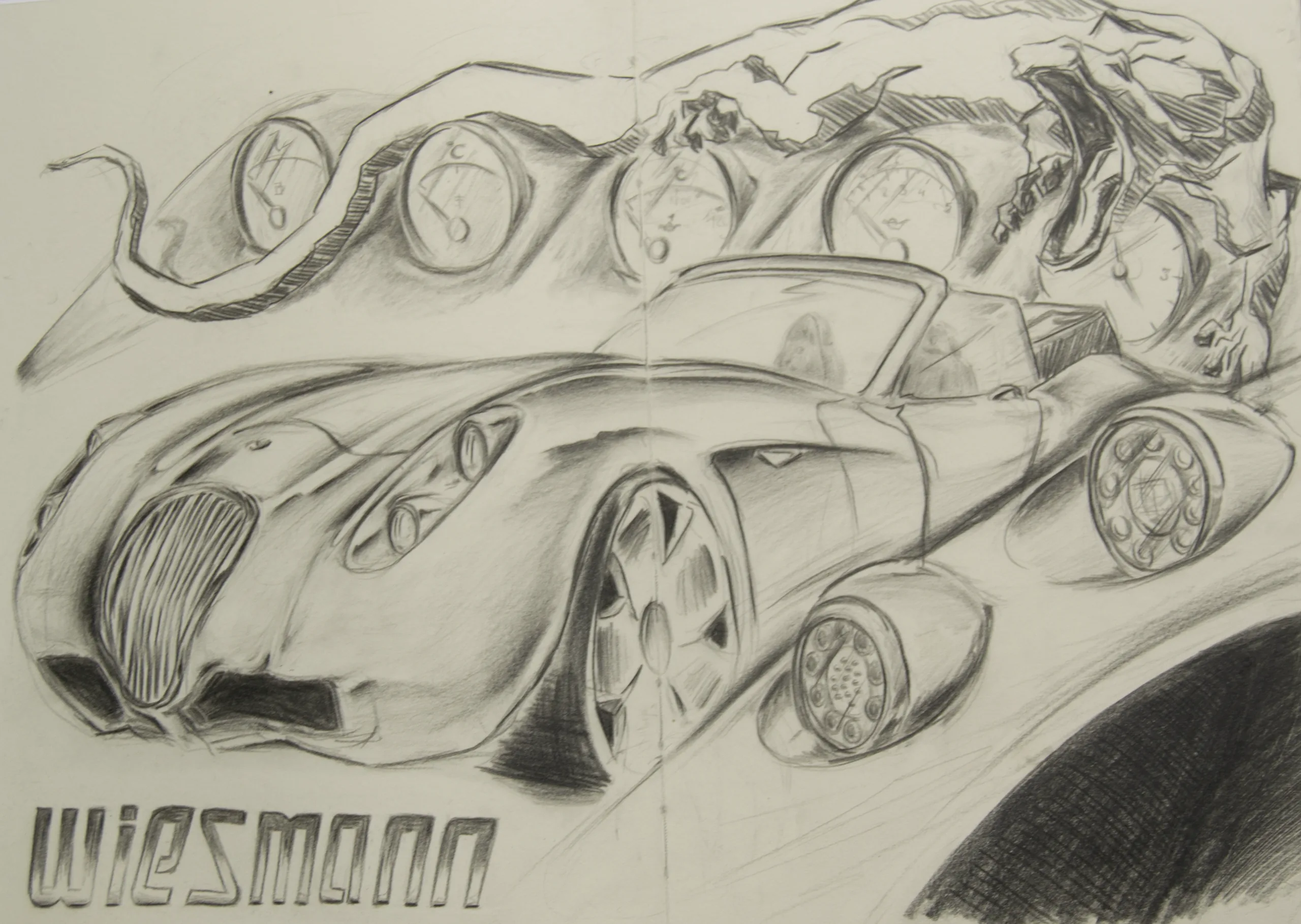 Skizzenbuch-Doppelseite mit einem Wiesmann MF 4S Roadster in Dreiviertelansicht, darüber eine Reihe gezeichneter Rundinstrumente und der Schriftzug „Wiesmann“.
