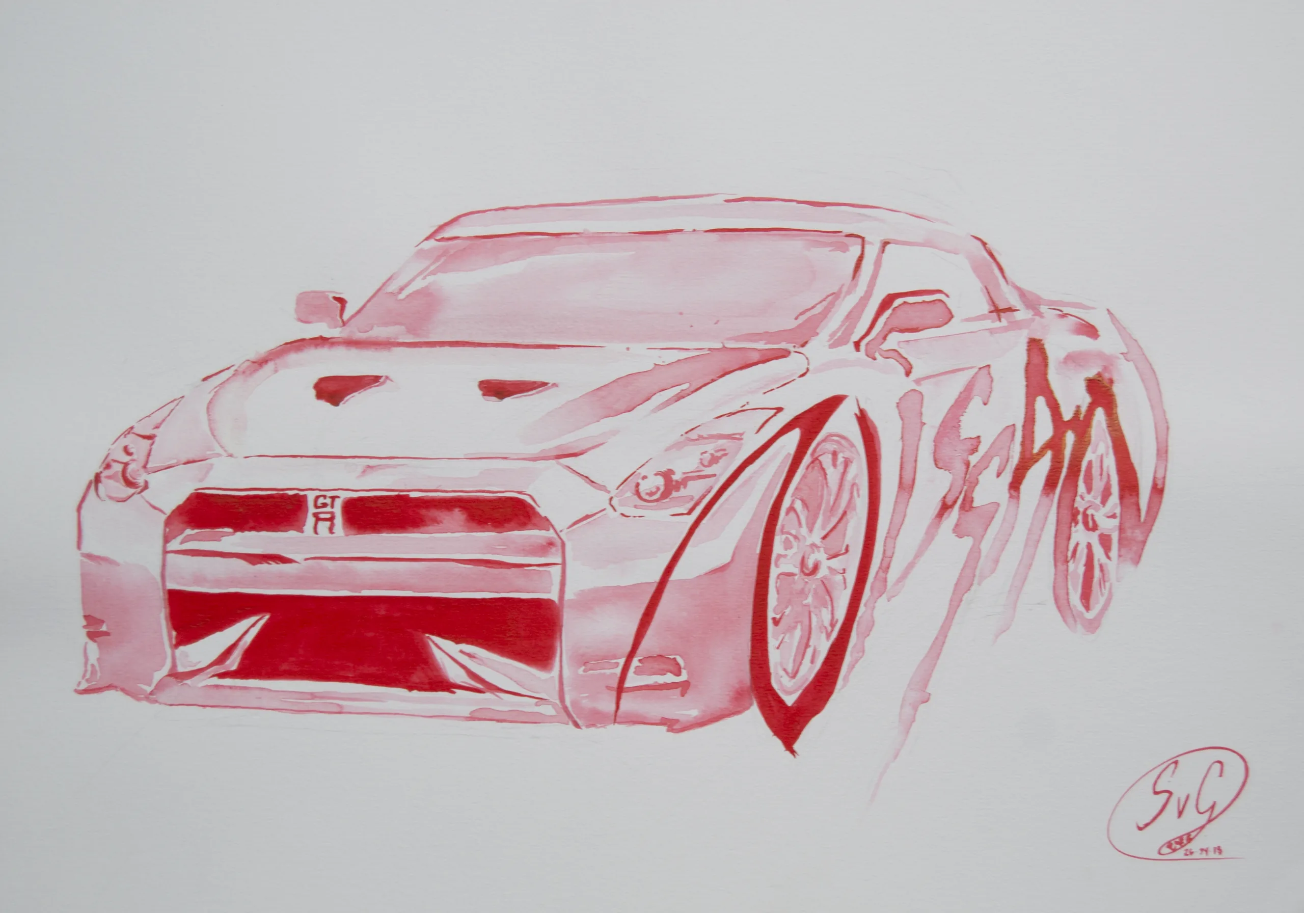 Lavierte Tuschezeichnung eines Nissan GT-R von vorn in Rottönen; der Schriftzug „Nissan“ läuft aus der Seitenlinie heraus.