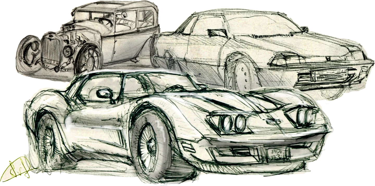 Freigestellte Zeichnung dreier Fahrzeuge: ein Hot Rod der 1930er Jahre, ein Coupé der 1980er Jahre und, groß im Vordergrund, eine Chevrolet Corvette Stingray.